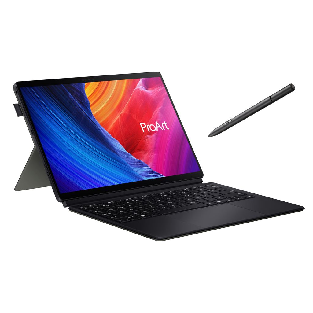 Asus Pro Art P Z13(h T5306)擁有0.85kg／9mm超輕薄機身，隨附觸控筆、可拆式鍵盤、支架保護套，一機滿足筆電與平板需求。